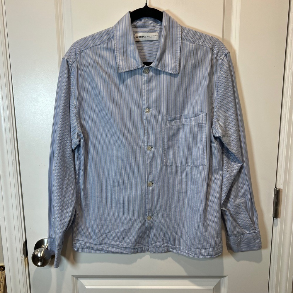 Bershka Blue Pinstripe Button Down Shirt Long Sleeve Pocket Casual‎ Mens XS